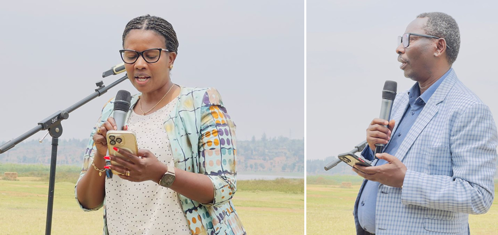 Ms. Verdiane Nyiramana, Chairperson of RNDF (left), and Mr. Faustin Vuningoma, National Coordinator of RCCDN (right), address participants during the official launch of the AWAC Project in Bugesera District, emphasizing women’s leadership in climate resilience.