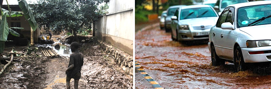 Right - An ugly scene of a homestead in the aftermath of floods and left- motorcars wading through a flooded road